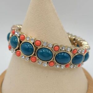 J Crew Gold Tone Teal and Orange Stone Stretch Bracelet NWOT!